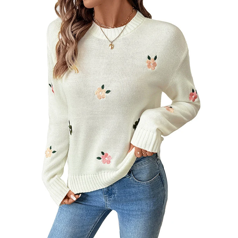 Damen Feinstrick-Pullover mit gestickten Blumenapplikationen und Rundhalsausschnitt Nord Taschen