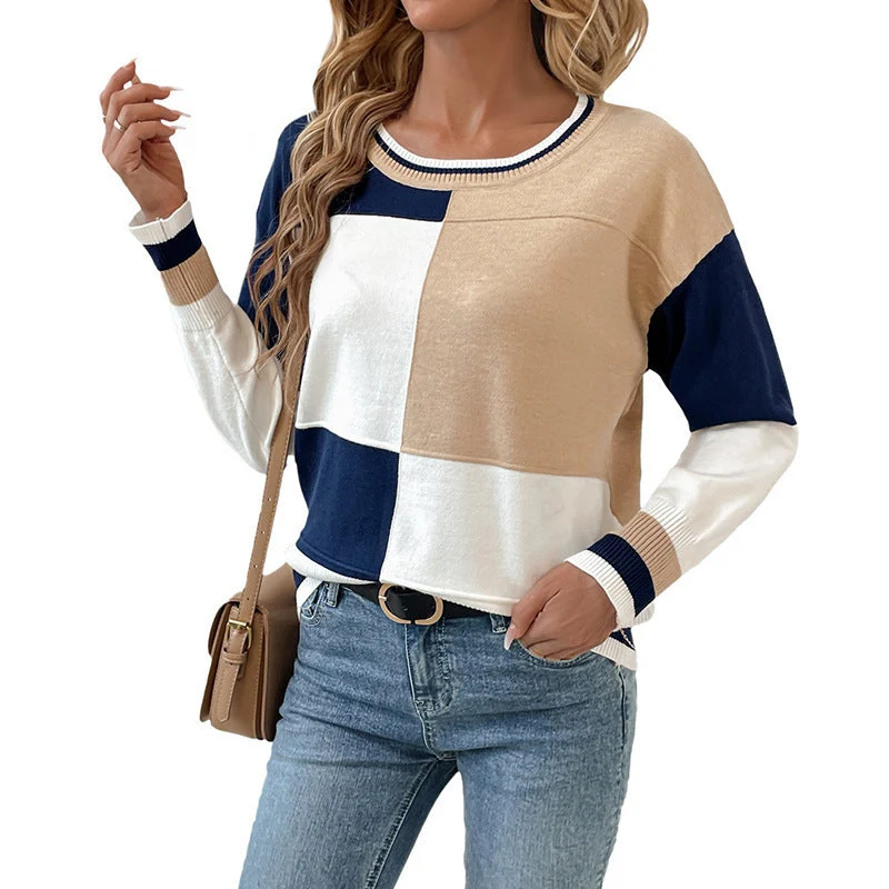 Damen Feinstrick-Pullover mit großem Blockkaro, Rundhalsausschnitt und elastischen Bündchen Nord Taschen