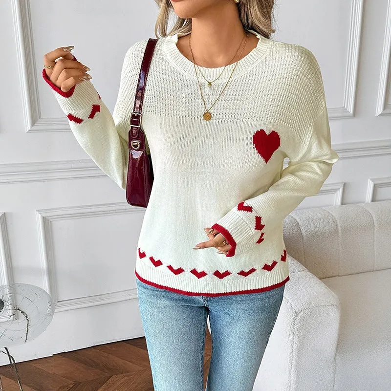 Damen Feinstrick-Pullover mit Herz-Jacquard, Ajour-Struktur und geripptem Saum Nord Taschen