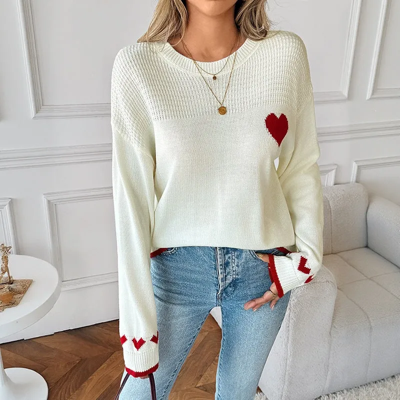 Damen Feinstrick-Pullover mit Herz-Jacquard, Ajour-Struktur und geripptem Saum Nord Taschen