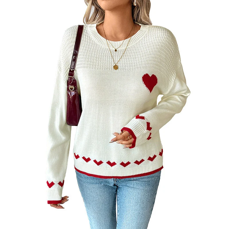 Damen Feinstrick-Pullover mit Herz-Jacquard, Ajour-Struktur und geripptem Saum Nord Taschen