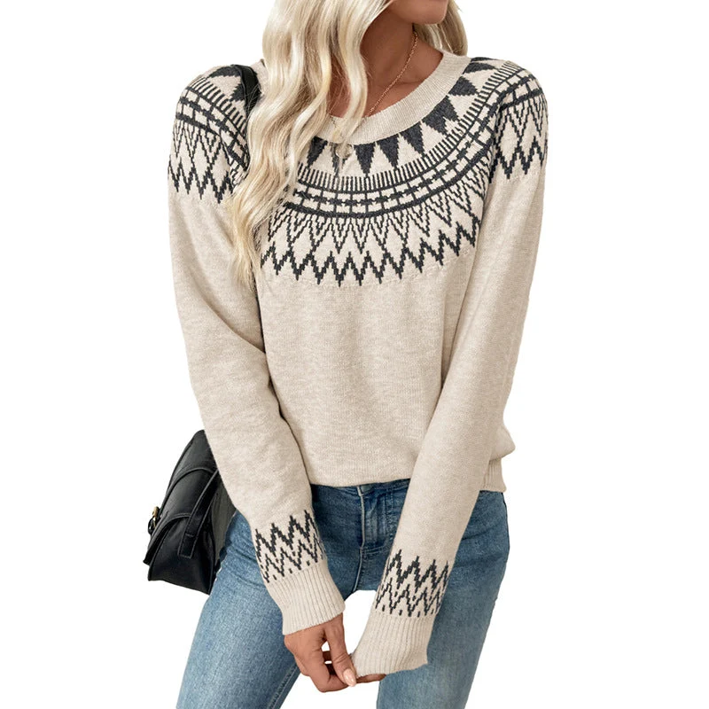 Damen Feinstrick-Pullover mit Jacquard-Rundpasse und dezenten Ajourdetails Nord Taschen