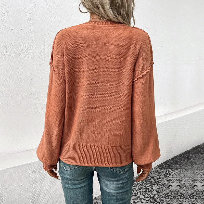 Damen Feinstrick-Pullover mit V-Ausschnitt, Ballonärmeln und gezackter Schulternaht Nord Taschen