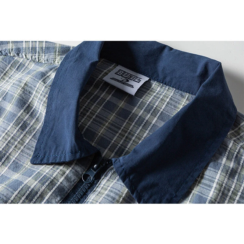 Herren Leichte karierte Hemdjacke mit Kontrastkragen, durchgehendem Reißverschluss und Saumkordel Nord Taschen