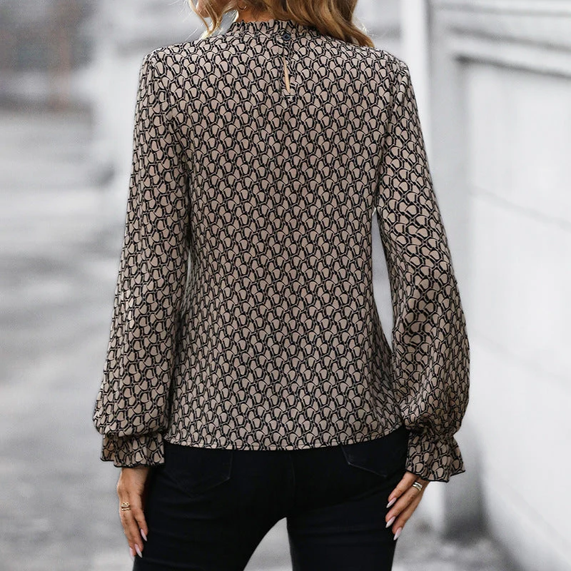 Damen Gemusterte taillierte Chiffonbluse mit Stehkragen, Bindegürtel und Rüschensaum Nord Taschen