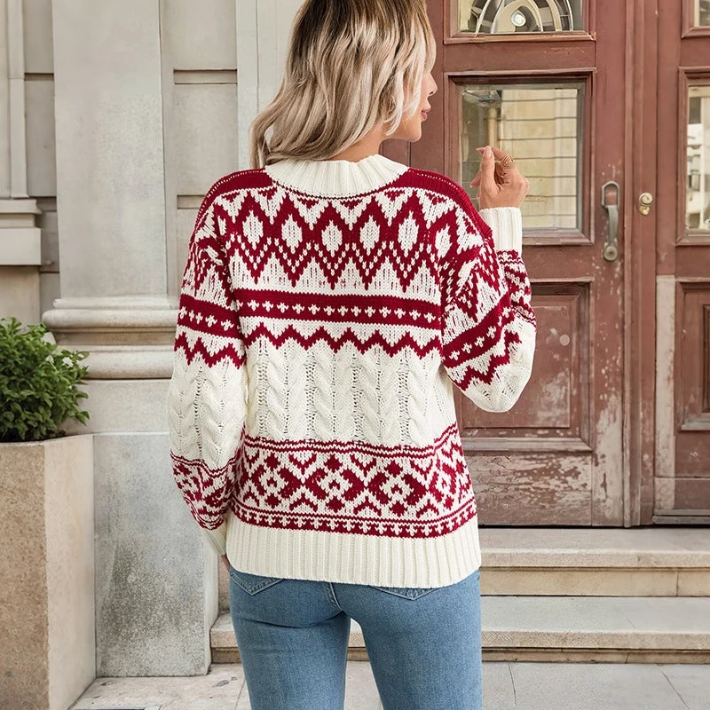 Damen Gemusterter Norweger-Pullover mit Zopfstrick und Rippbündchen Nord Taschen