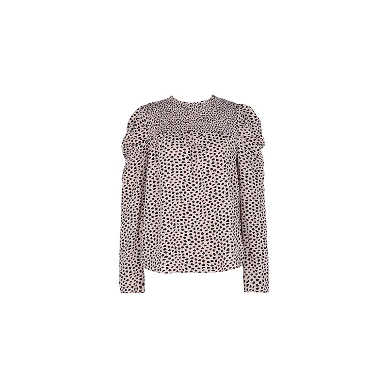 Damen Gepunktete Bluse mit Smok‑Passe, Puffärmeln und lockerem Fall Nord Taschen