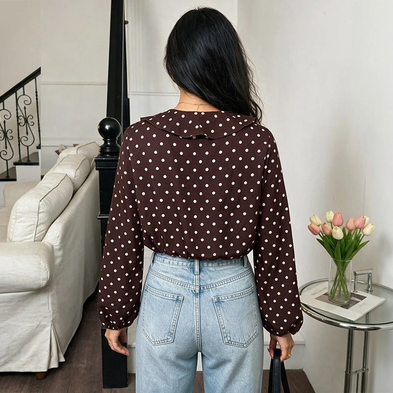 Damen Gepunktete Rüschenbluse mit V‑Ausschnitt, langen Ärmeln und elastischen Manschetten Nord Taschen