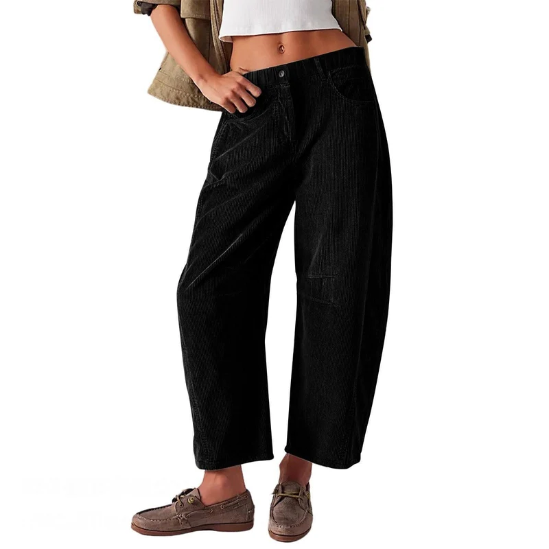 Damen Weite Cordhose mit hoher Taille, Cropped-Bein und Eingriffstaschen Nord Taschen