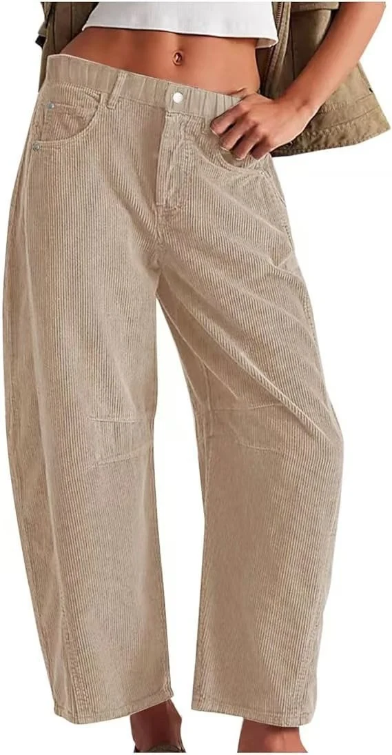 Damen Weite Cordhose mit hoher Taille, Cropped-Bein und Eingriffstaschen Nord Taschen