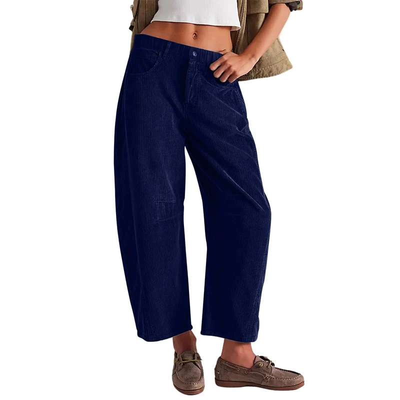 Damen Weite Cordhose mit hoher Taille, Cropped-Bein und Eingriffstaschen Nord Taschen