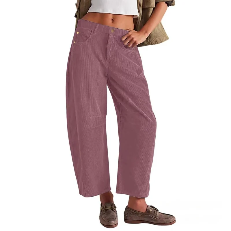 Damen Weite Cordhose mit hoher Taille, Cropped-Bein und Eingriffstaschen Nord Taschen