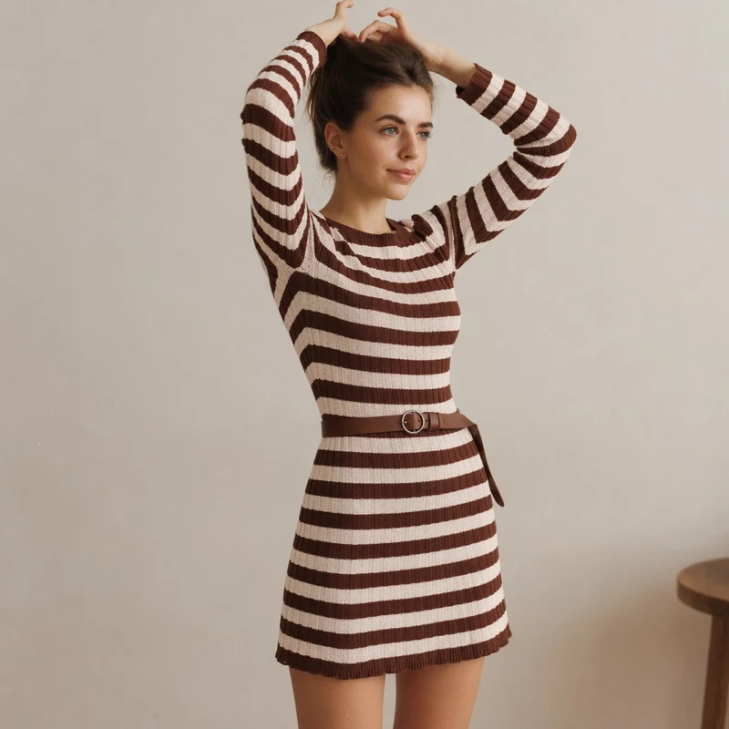 Damen figurbetontes geripptes Strickkleid mit Rundhalsausschnitt und langen Ärmeln Nord Taschen