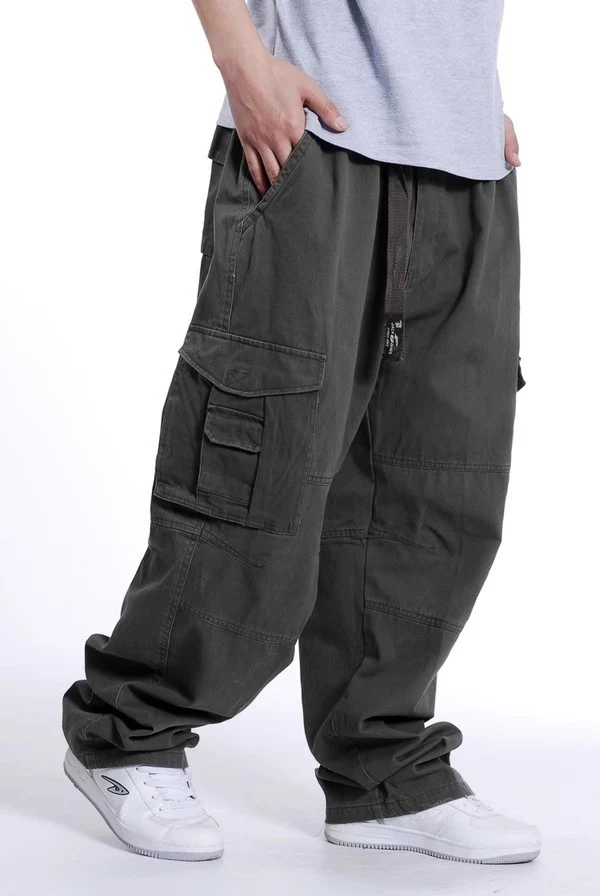 Herren Weite Utility-Cargohose aus Baumwollcanvas mit Mehrfach-Taschen und Kordelbund Nord Taschen
