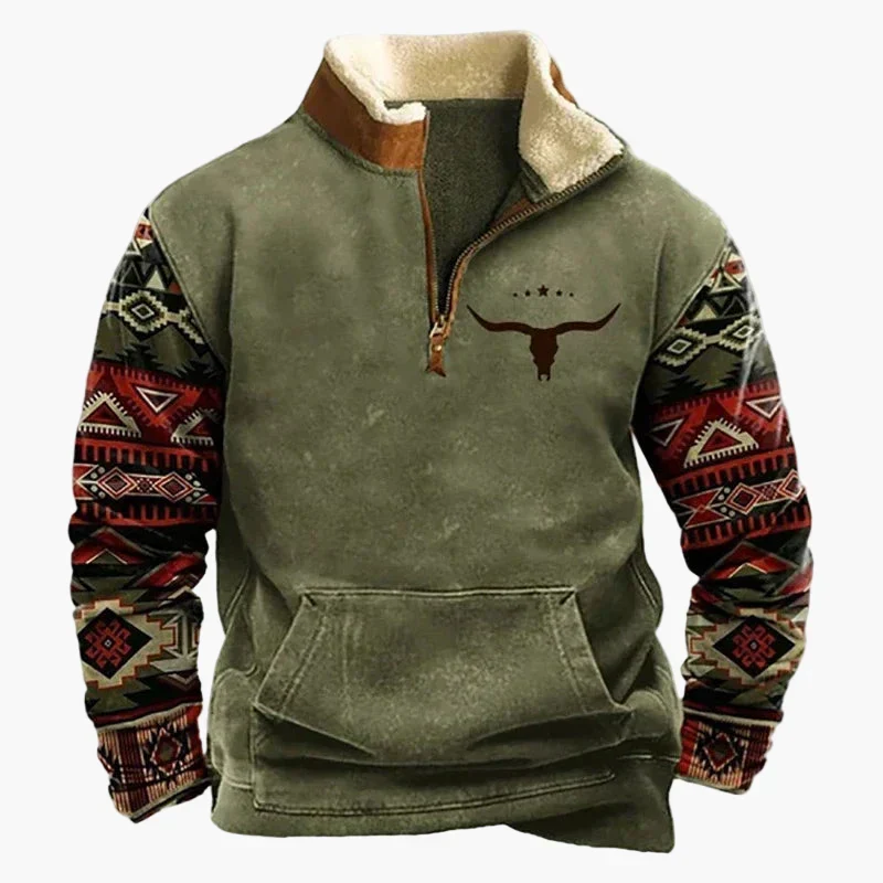 Western Style Pullover mit Azteken-Muster und Longhorn-Motiv - Bequemer Freizeit-Sweater für Outdoor & Alltag