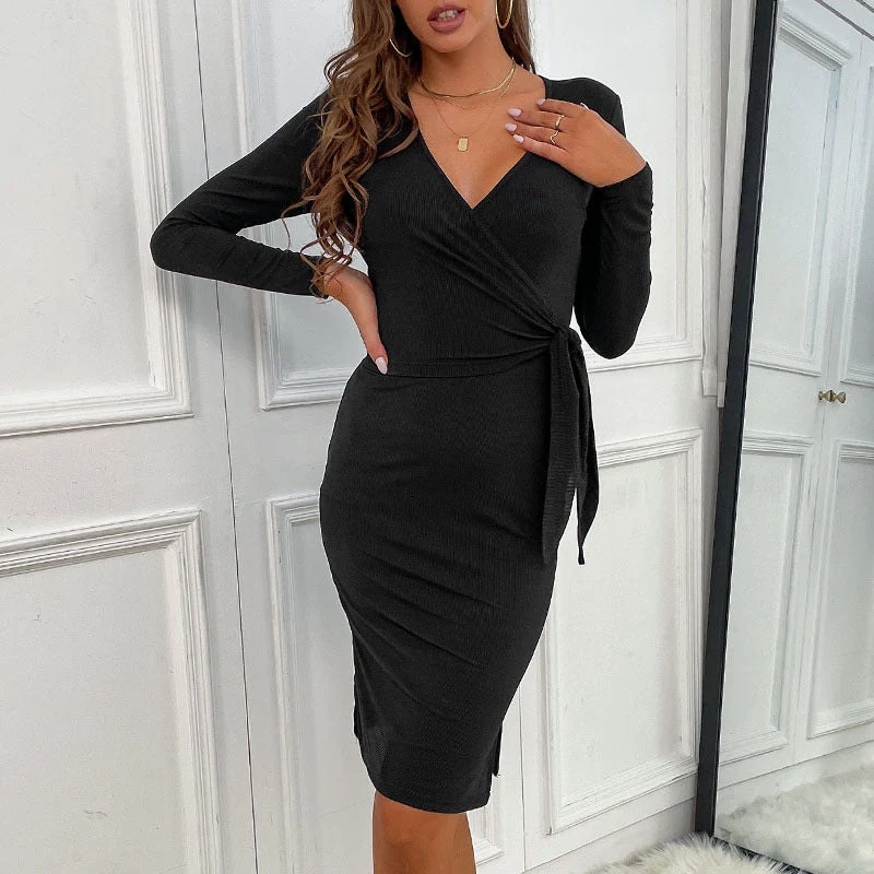 Damen Figurbetontes Wickelkleid mit Taillenschärpe Nord Taschen