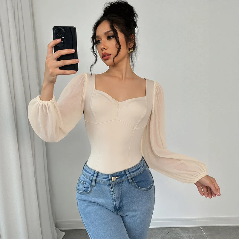 Damen Figurformender Corsagen-Body mit eckigem Ausschnitt und Chiffon-Puffärmeln Nord Taschen