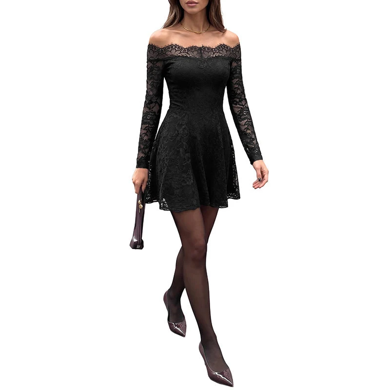 Damen Figurfreundliches Spitzen A‑Linien Minikleid mit Carmen‑Ausschnitt und transparenten Ärmeln Nord Taschen