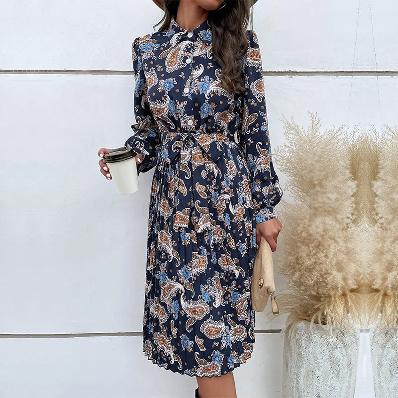 Damen Hemdblusenkleid mit Paisley-Print, Taillenschärpe und Plissee-Rock Nord Taschen