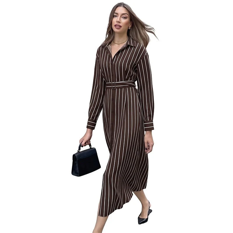 Damen Hemdblusenkleid mit Taillengürtel und vertikalem Nadelstreifen Nord Taschen