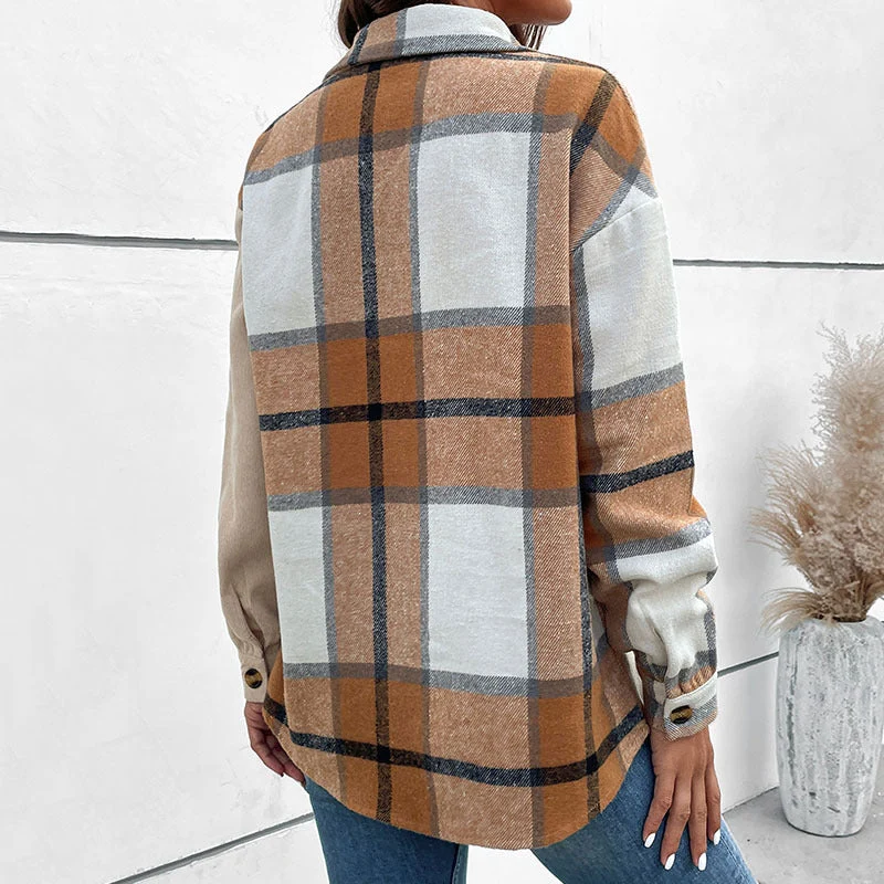 Damen Hemdjacke im zweifarbigen Karo‑ und Cord‑Mix mit Oversize‑Schnitt Nord Taschen