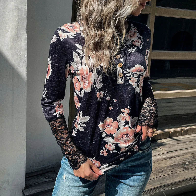 Damen Henley-Top mit Rosenprint, Spitzenmanschetten und Zierknopfleiste Nord Taschen