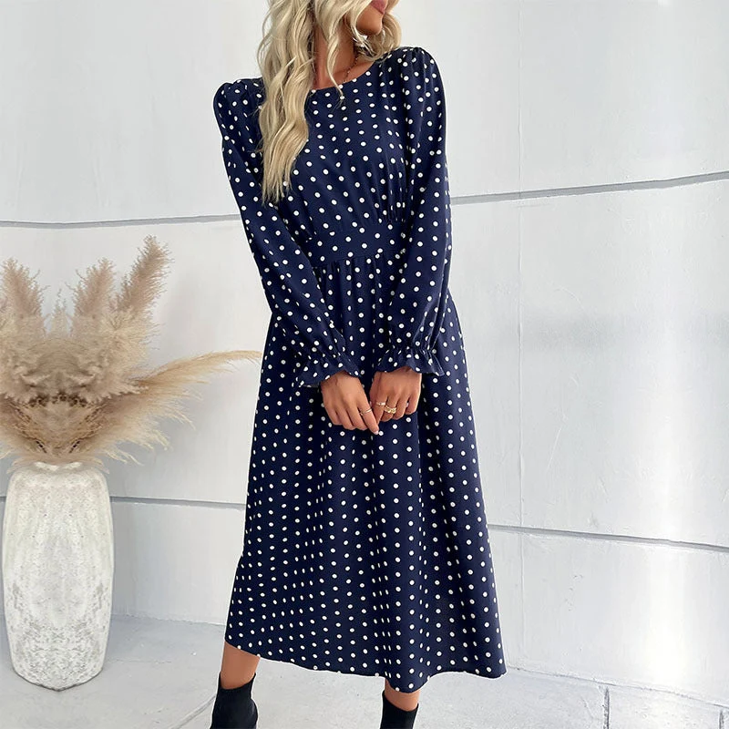 Damen Gepunktetes Midikleid mit geraffter Taille und Ballonärmeln Nord Taschen