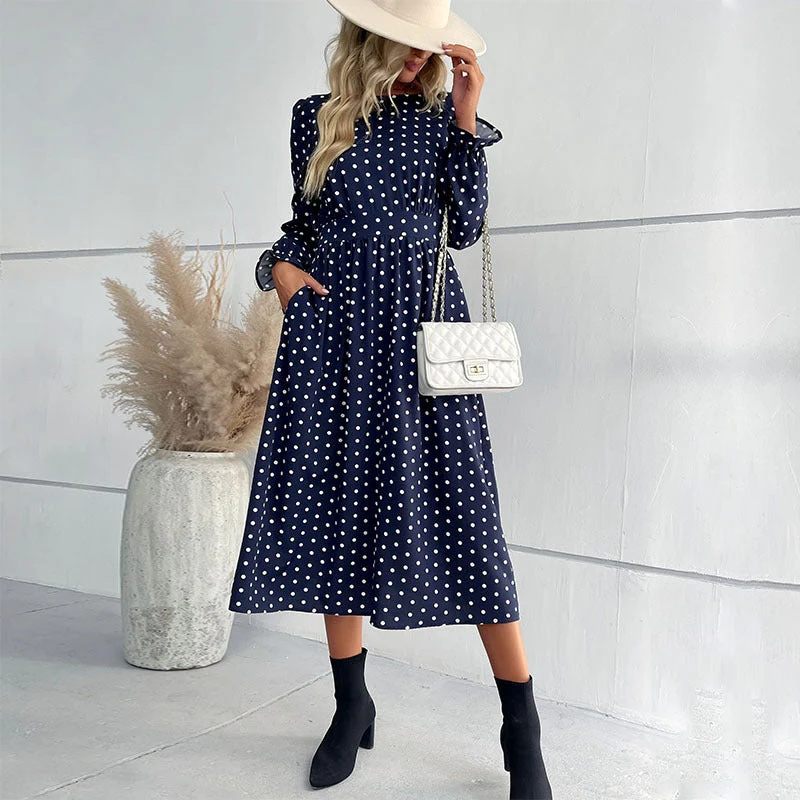 Damen Gepunktetes Midikleid mit geraffter Taille und Ballonärmeln Nord Taschen