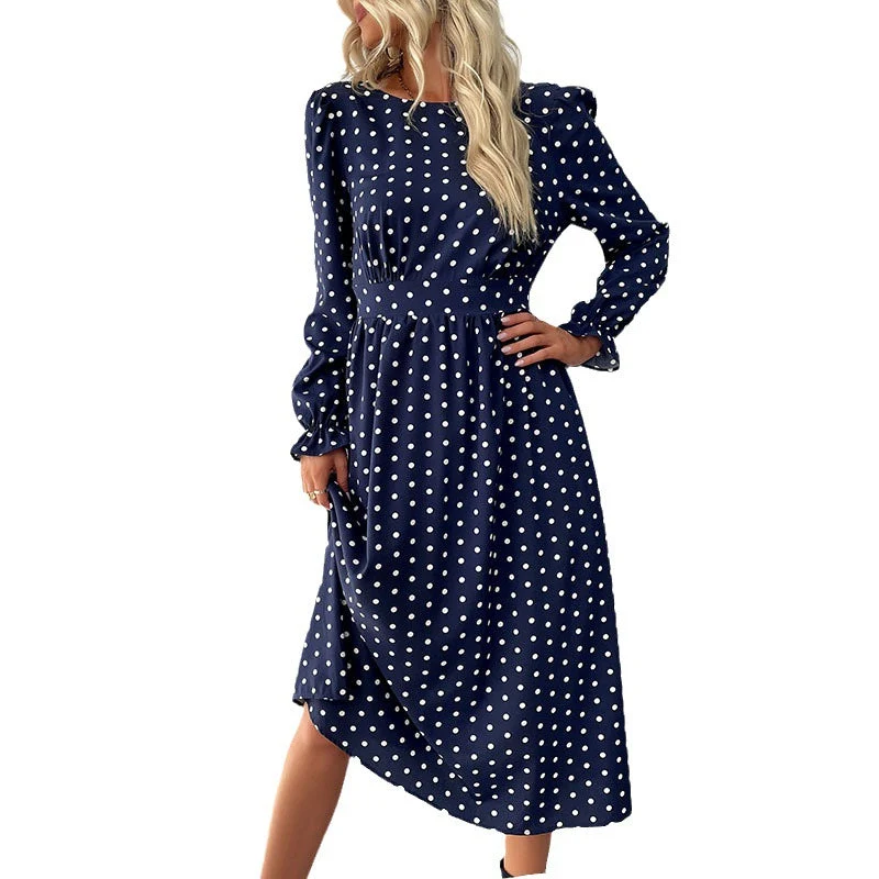 Damen Gepunktetes Midikleid mit geraffter Taille und Ballonärmeln Nord Taschen