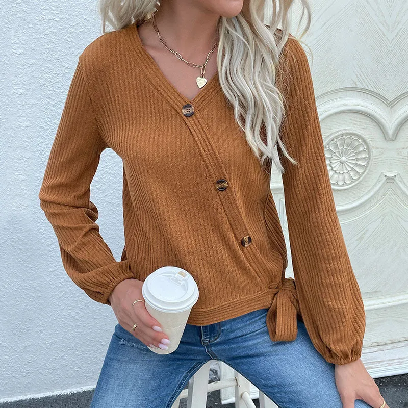 Damen Gerippte Wickel-Strickjacke mit V‑Ausschnitt, asymmetrischer Knopfleiste und Taillenband Nord Taschen