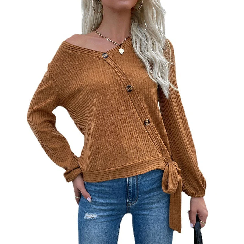 Damen Gerippte Wickel-Strickjacke mit V‑Ausschnitt, asymmetrischer Knopfleiste und Taillenband Nord Taschen