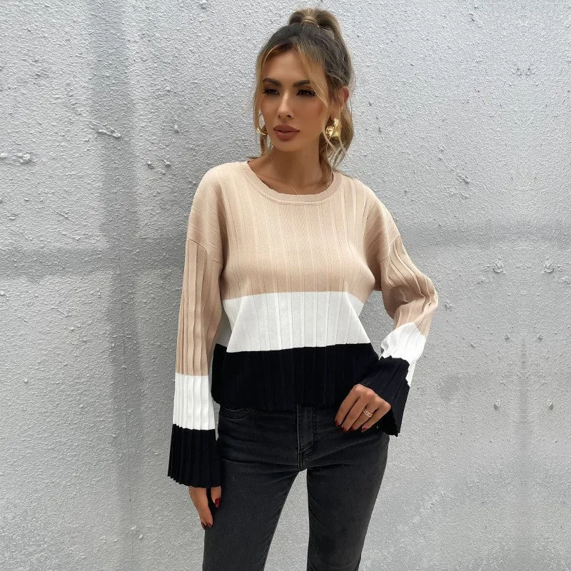 Damen Gerippter Colorblock-Pullover mit weitem Ärmelbündchen Nord Taschen
