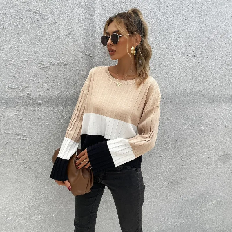Damen Gerippter Colorblock-Pullover mit weitem Ärmelbündchen Nord Taschen