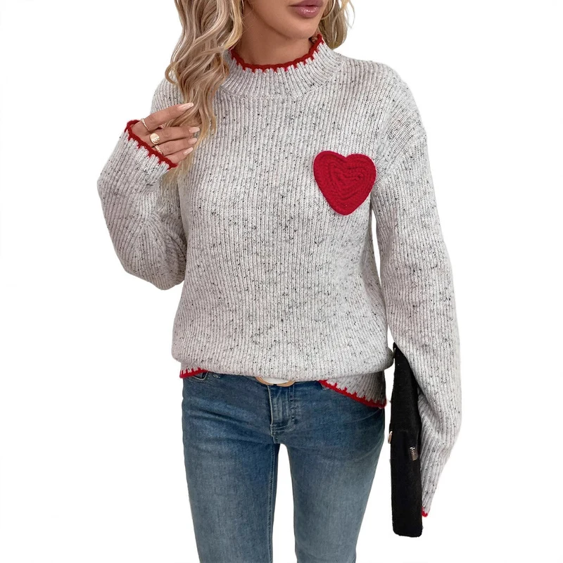 Damen Gerippter Feinstrick-Pullover mit Herz‑Applikation und kontrastierter Saumkante Nord Taschen