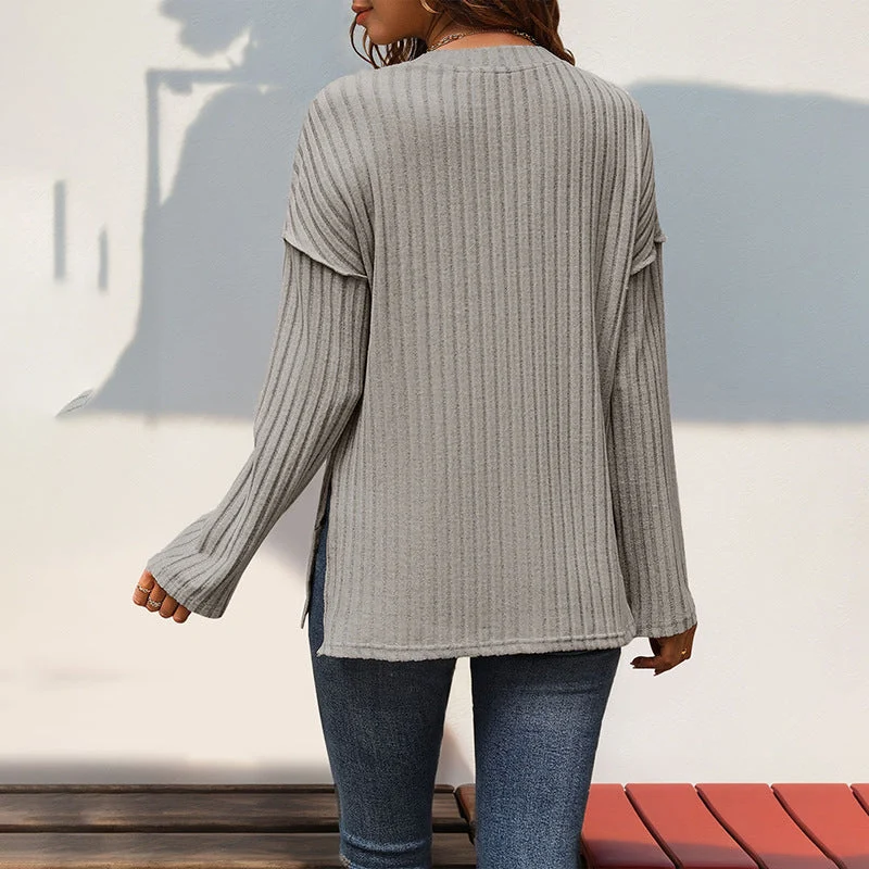 Damen Gerippter Henley-Pullover mit Knopfleiste und überschnittener Schulter Nord Taschen