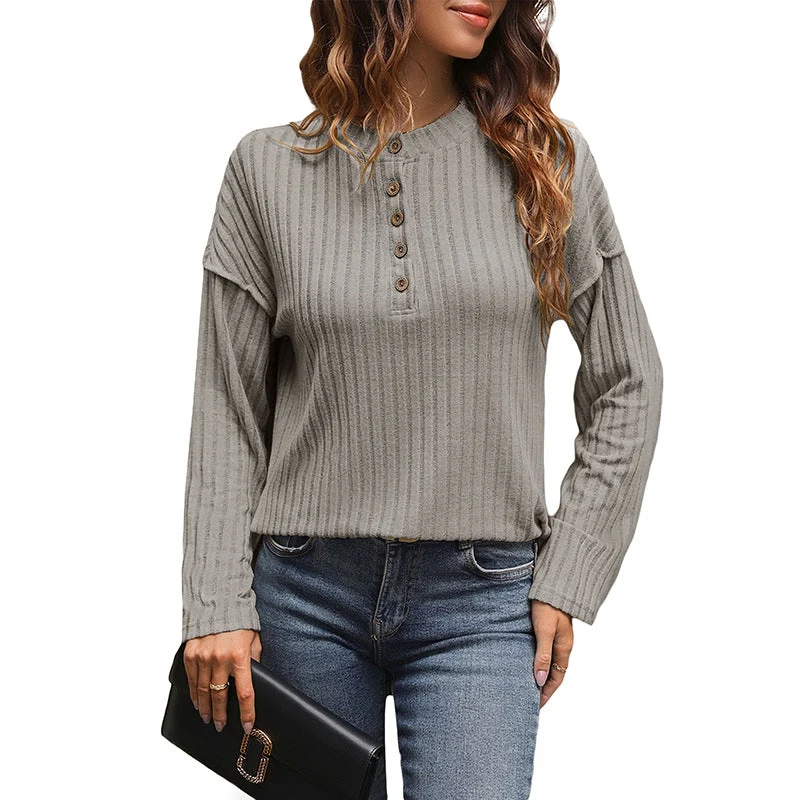 Damen Gerippter Henley-Pullover mit Knopfleiste und überschnittener Schulter Nord Taschen