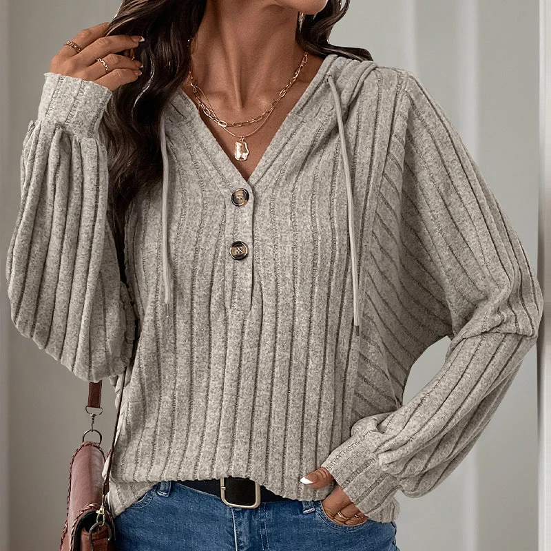 Damen Gerippter Kapuzenpullover mit Henley-Knopfleiste und leichter Cropped-Passform Nord Taschen