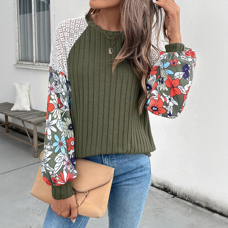 Damen Gerippter Pullover mit Häkel‑Schultereinsatz und floralen Ballonärmeln Nord Taschen