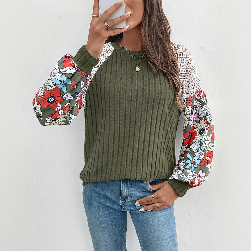 Damen Gerippter Pullover mit Häkel‑Schultereinsatz und floralen Ballonärmeln Nord Taschen