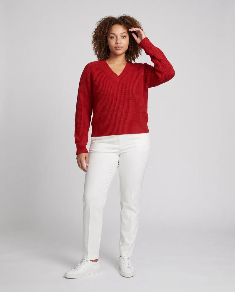 Damen flauschiger V-Ausschnitt Pullover im Mohair-Look mit gerippten Bündchen Nord Taschen