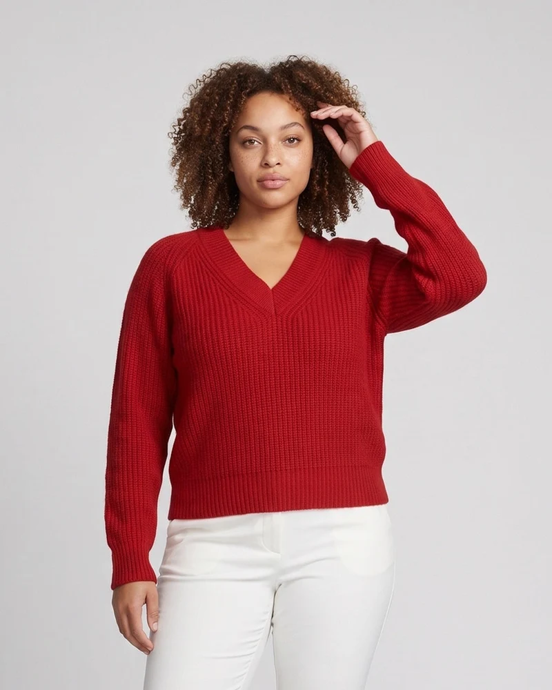 Damen flauschiger V-Ausschnitt Pullover im Mohair-Look mit gerippten Bündchen Nord Taschen