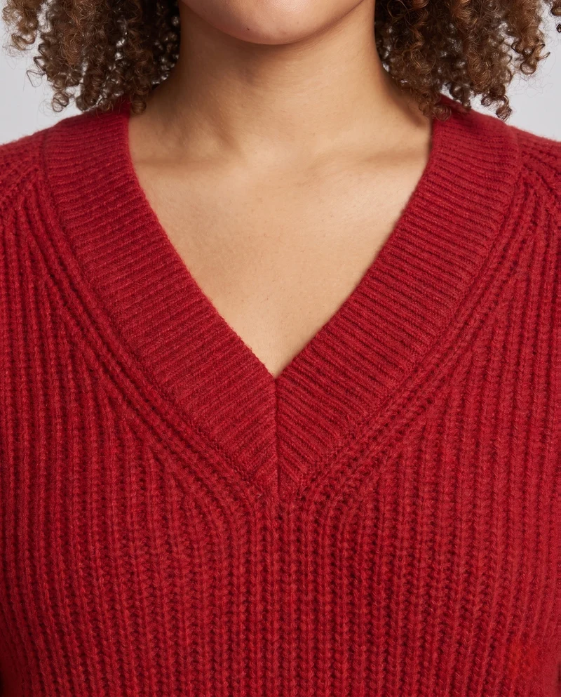 Damen flauschiger V-Ausschnitt Pullover im Mohair-Look mit gerippten Bündchen Nord Taschen