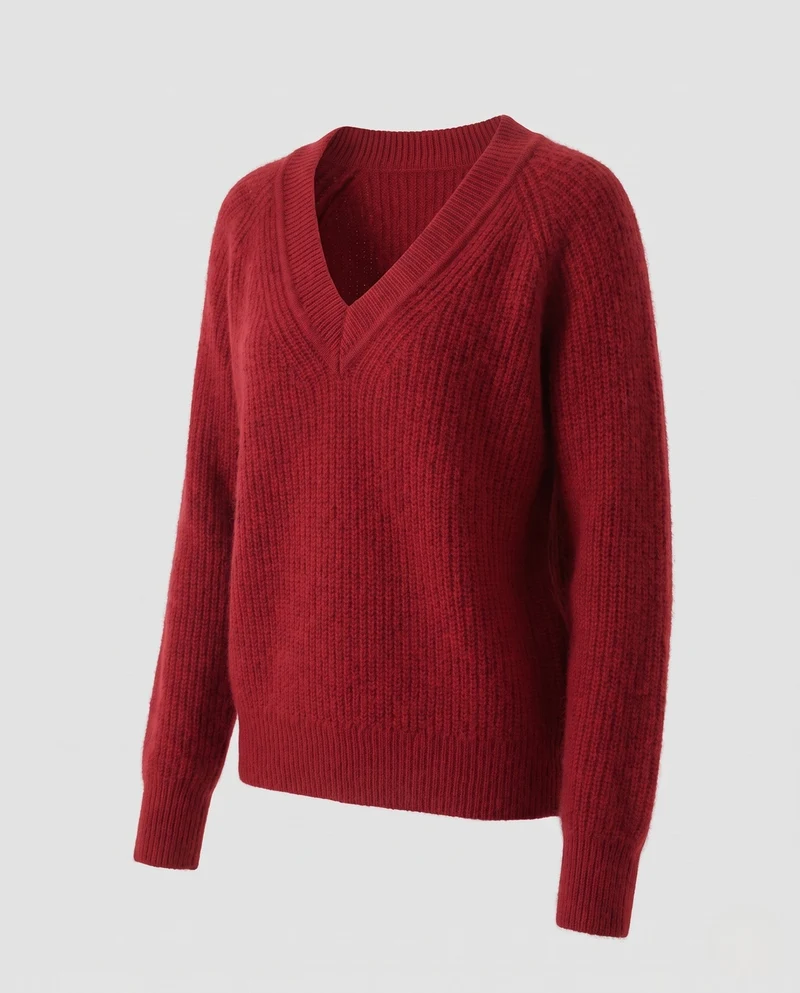 Damen flauschiger V-Ausschnitt Pullover im Mohair-Look mit gerippten Bündchen Nord Taschen