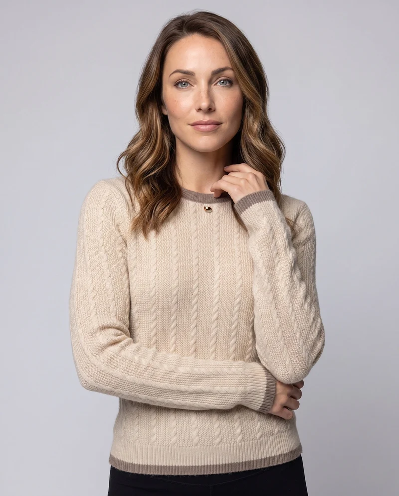 Damen Fluffy Mohair-Optik Kabelstrick Rundhals Pullover mit feiner Rippenstruktur Nord Taschen