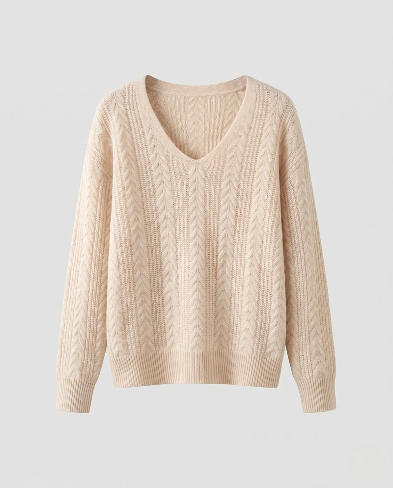 Damen Fluffiger V-Ausschnitt Kabelstrickpullover mit Offenen Details und Cashmere-ähnlicher Weichheit Nord Taschen
