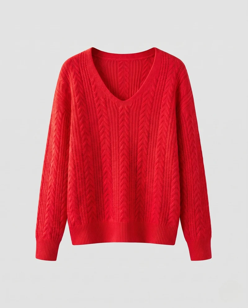 Damen Fluffiger V-Ausschnitt Kabelstrickpullover mit Offenen Details und Cashmere-ähnlicher Weichheit Nord Taschen
