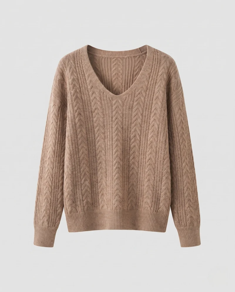 Damen Fluffiger V-Ausschnitt Kabelstrickpullover mit Offenen Details und Cashmere-ähnlicher Weichheit Nord Taschen