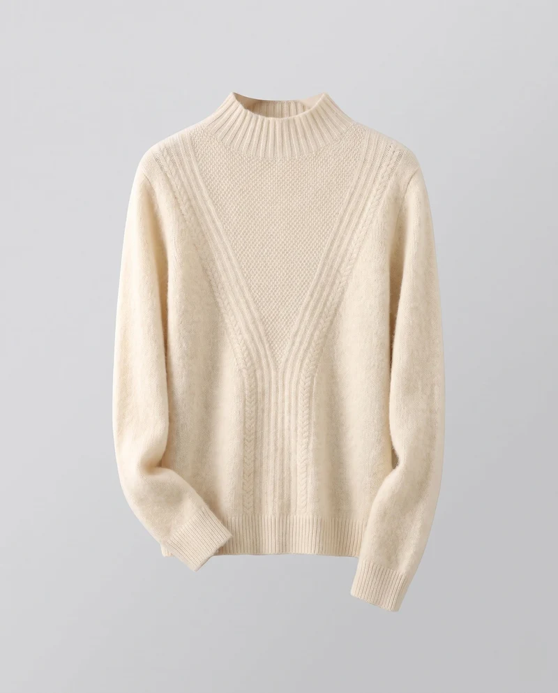 Damen Flauschiger Mockneck Pullover mit Kabelmuster und Offenes Panel Nord Taschen