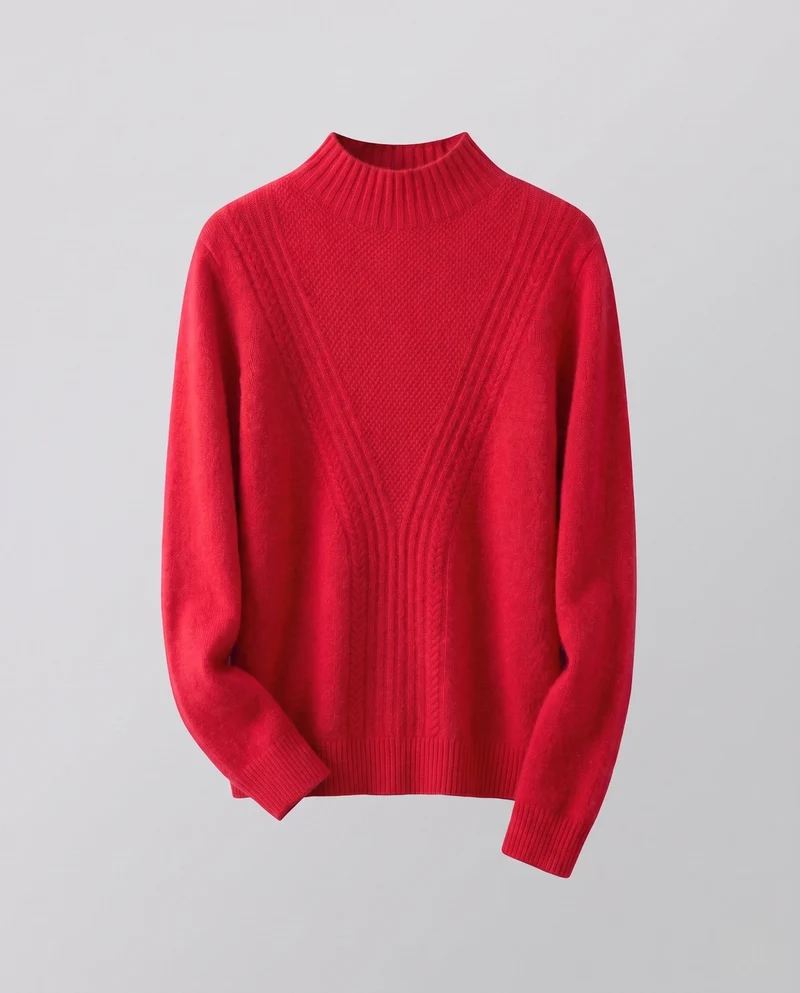 Damen Flauschiger Mockneck Pullover mit Kabelmuster und Offenes Panel Nord Taschen
