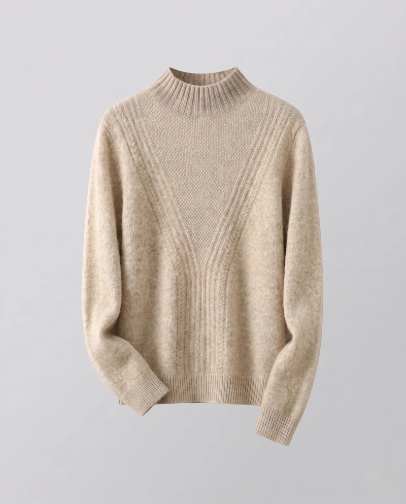 Damen Flauschiger Mockneck Pullover mit Kabelmuster und Offenes Panel Nord Taschen